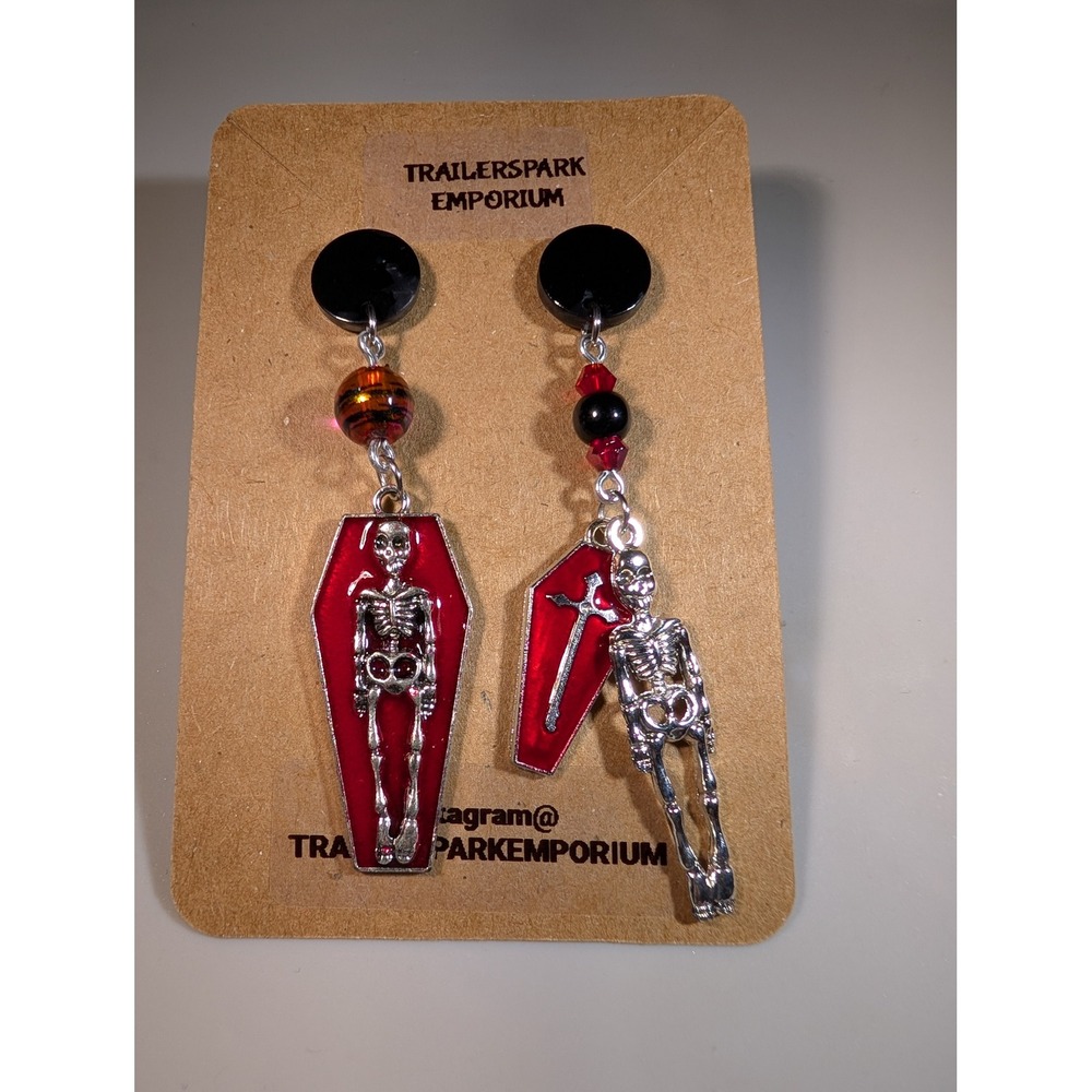 Trailerspark Emporium Mismatched Skeleton Coffin Earrings Red Enamel Nickel Free